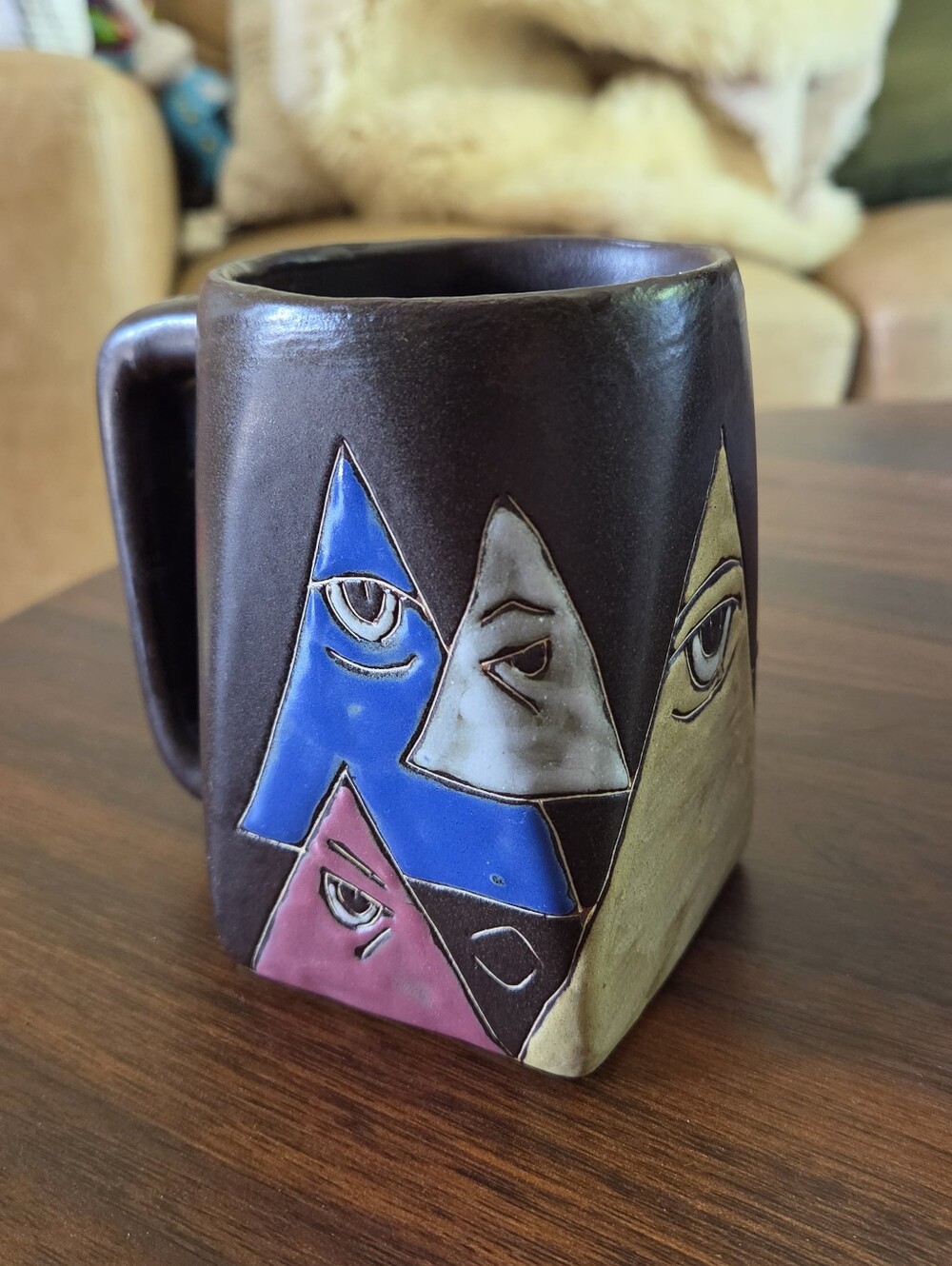 Vintage Mara Mexico Stoneware Mug Abstract Faces Triangle Eyes Square Base Signe - Picture 2 of 6